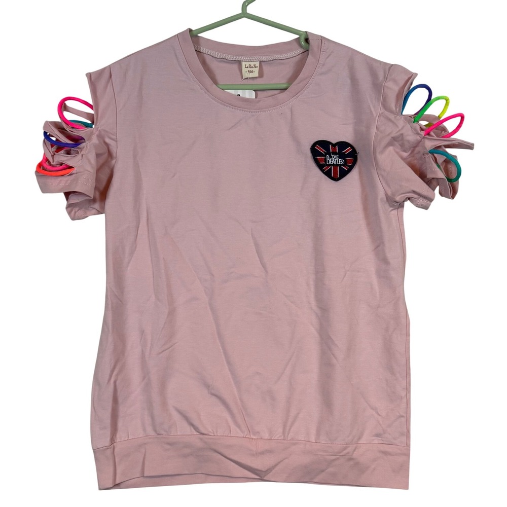 NWT‎ Kids Pink The Beatles Heart Patch Cold Shoulder Neon Loop Top Size 10 Retro